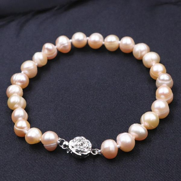 

charm bracelets 2021 lovely pearl beads bracelet bangle 7-8mm rose flower clasp natural pearls wrist fashion orange jewelry 7.5" a755, Golden;silver