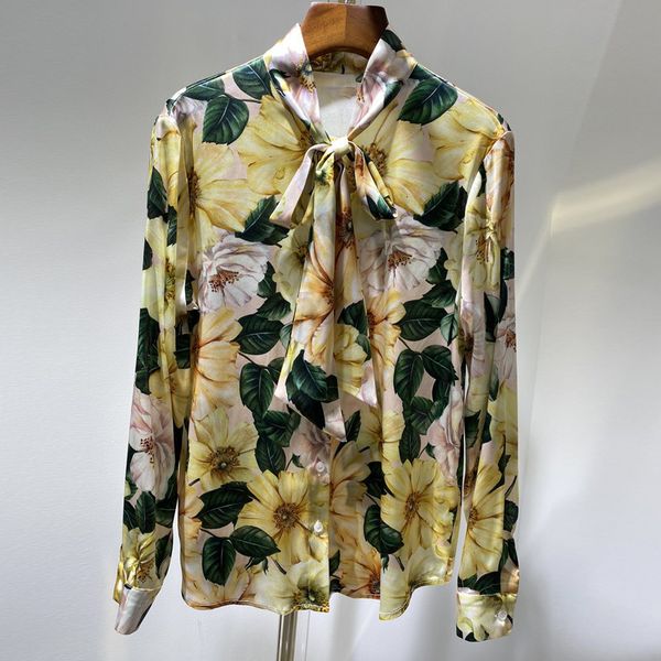 

runway fashion spring 100% silk shirt bow floral impression lady blouses office, White