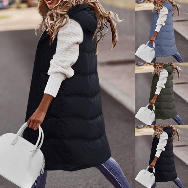 

women's vests winter women warm long fashion hooded sleeveless casual lady outwear vest femme cotton padded jackets overcoat, Black;white