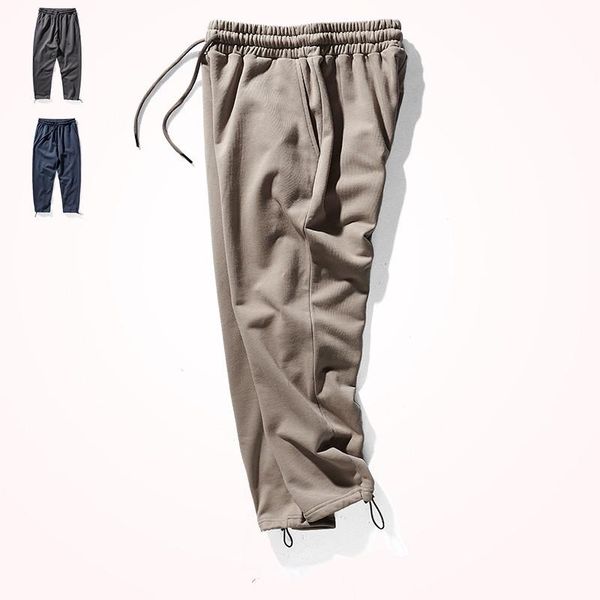 

men's pants autumn winter heavyweight pure cotton knitted terry cloth loose sweatpants elastic waist drawstring casual sports leggings, Black
