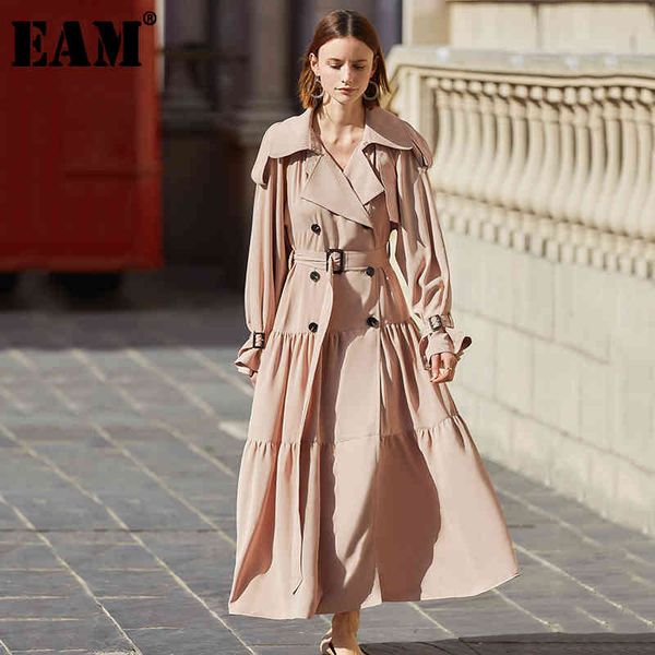

[eam] women double breasted pleated temperament dress lapel long sleeve loose fit fashion spring autumn 1s069 21512, Black;gray