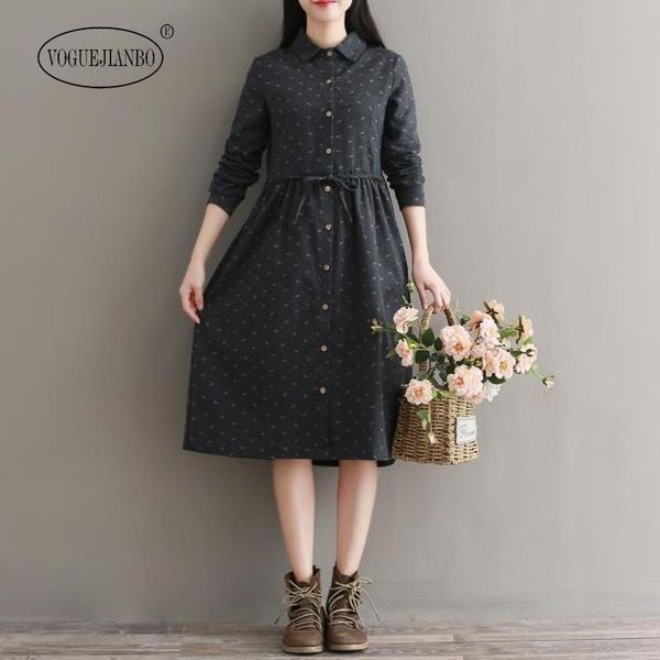 

spring women's printed loose large size long-sleeved thick cotton and linen dress vestido de festa sukienka vintage casual dresses, Black;gray