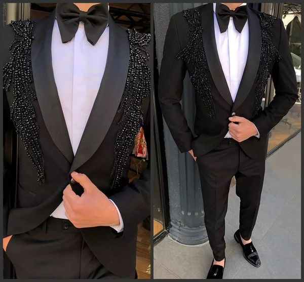 

new fashion luxury beading men suits prom party blazer costume homme terno masculino groom wear wedding 2 pcs, Black
