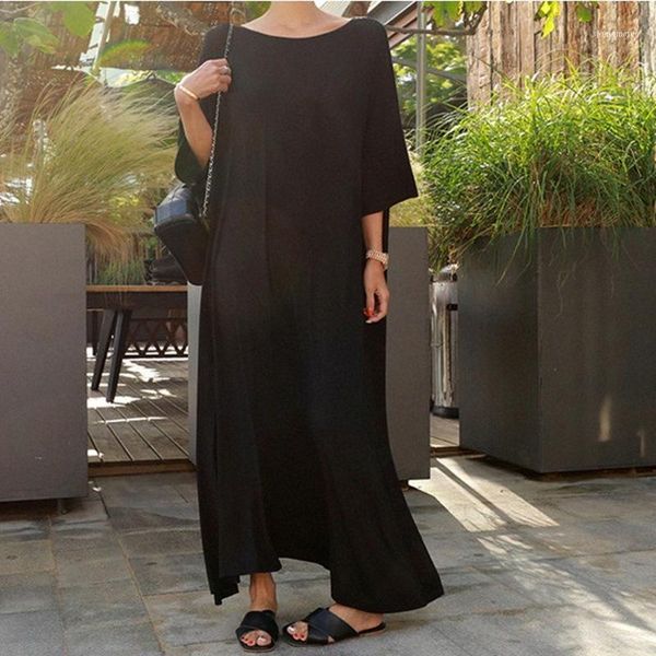 

superaen summer streetwear women's loose and plus-sized ankle length dress three quarter solid o-neck women dresses1, Black;gray