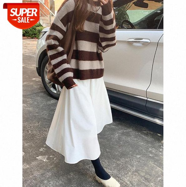 

tg mohair sweater women retro gentle loose round neck striped 13083 #xl9e, Black;gray