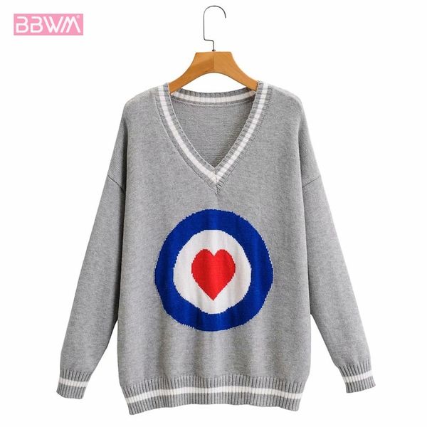 

v-neck long-sleeved pullover love contrast color warm simple chic female sweater korean version harajuku autumn women's sweater 210507, White;black