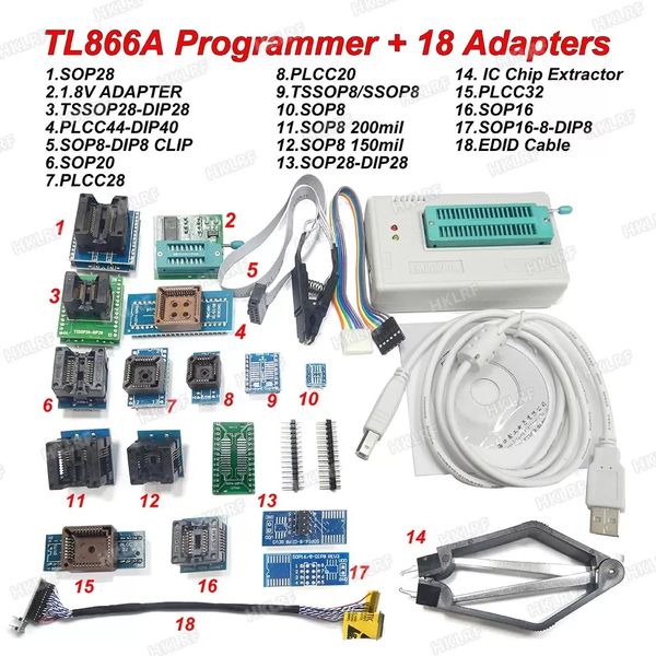 Mais novo TL866A Programador USB Integrate Circuits 18 Adaptadores EPROM Flash BIOS 18 Adaptador Universal EDID Código