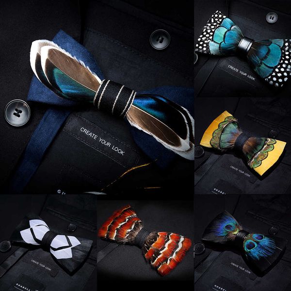 

kamberft designer brand hmade feather leather pre-tied bow tie brooch sets for men wedding party gift cravate, Blue;purple
