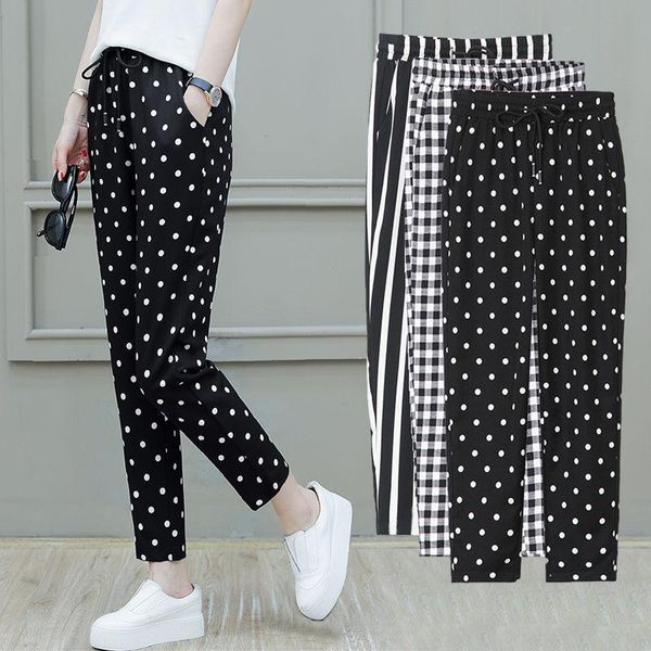 

women's pants & capris dot women ankle-length long trousers pockets drawstring elastic big size plaid pant 2021 fashion casual mom clot, Black;white