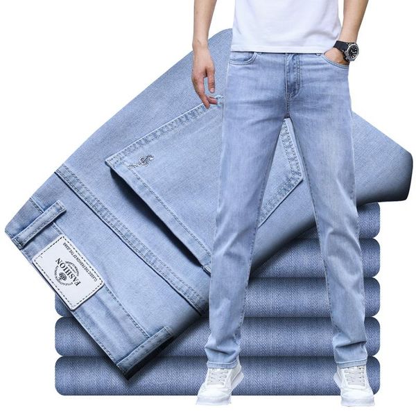 

men's jeans 2021 mens smart casual regular fit light blue youth fashion elasticity straight trousers plus size 28-40