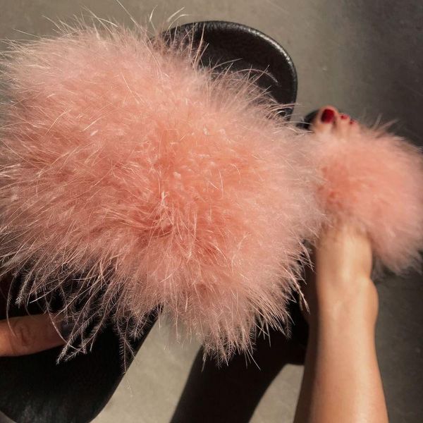 

slippers women summer fur decoration flat heel thick sole peep toe slides fashion outdoor female ladies shoes zapatos de mujer, Black