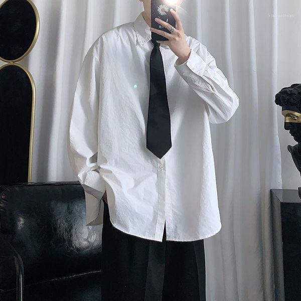 

spring autumn casual long-sleeved shirt men korean loose white trend jacket streetwear oversized button up mens clothing men's hoodies, Black