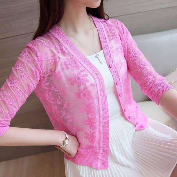 

women's jackets 2021 summer women short single-breasted lace knit cardigan sun protection clothing three-quarter sleeve shawl jacket y4, Black;brown