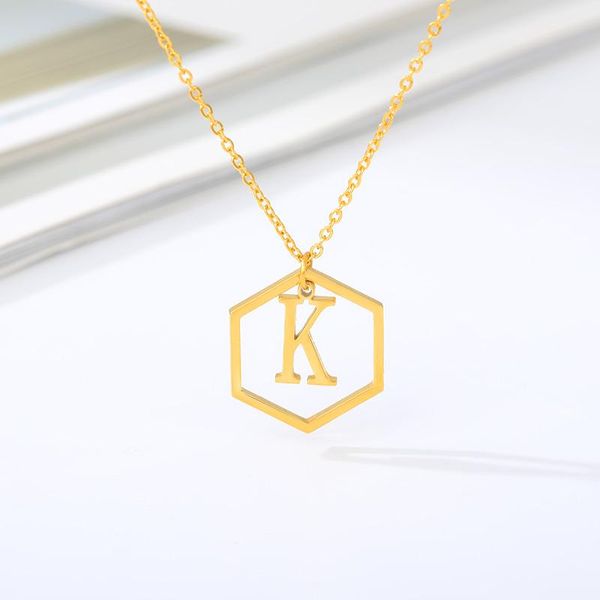 

chains initial hexagon necklace letter pendant hollow monograms chain stainless steel gold choker jewelry christmas gift, Silver