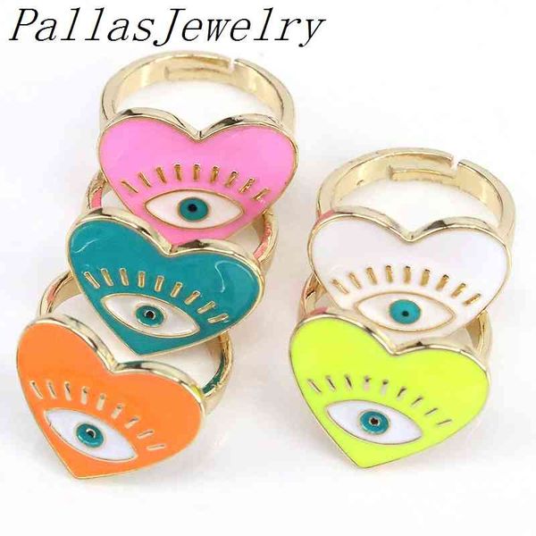 

10pcs fashion colorful enameled creative heart shape finger gold drip oil eyes adjustable open rings, Slivery;golden