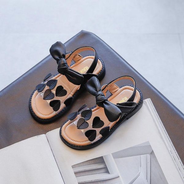 

sandals summer girls 2021 fashion solid color bowtie love hook&loop shoes kids toddler flat heels not-slip cute, Black;red