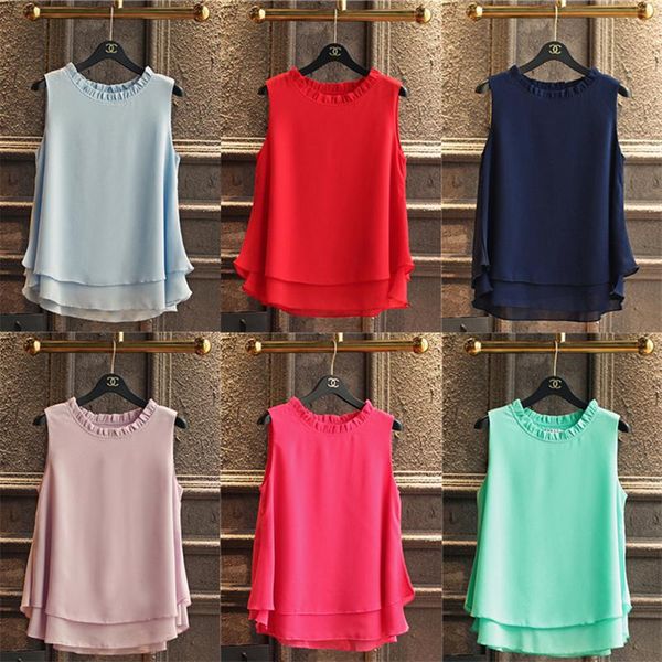 

women's tanks & camis summer plus size loose chiffon casual ruffles o-neck sleeveless all-match camisole work wear tank top, White