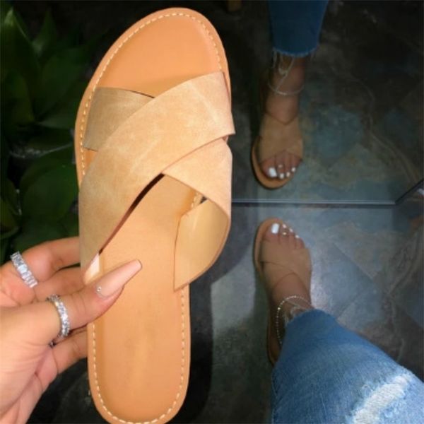 

fashion cross women slippers pu leather summer shoes woman solid outside ladies slides plus size 37-41 female flip flops 210310, Black