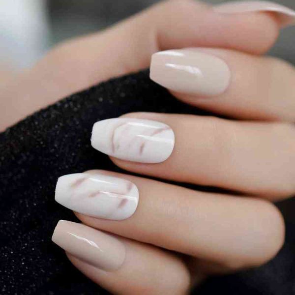 

false nails 24pcs ballerina fake nails khaki nude marble coffin flat artificial false nail tips for office home faux ongle glue sticker 2202, Red;gold