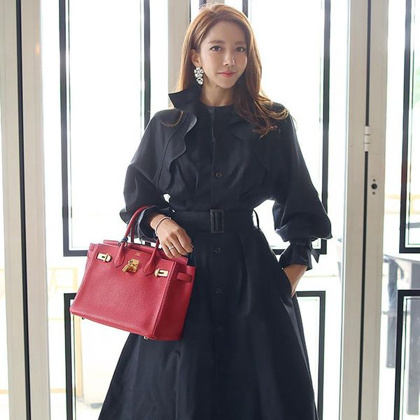 

women's trench coats dark blue coat 2021 autumn winter high-end temperament single-breasted with belt loose windbreaker women z912, Tan;black