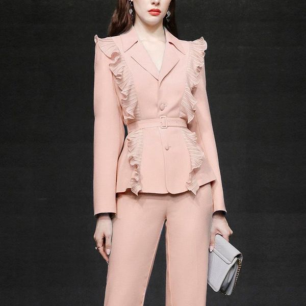 Abiti primaverili per donna 2021 High End Eleganti pieghettati con volant Patchwork Due pezzi Set da donna Office Lady Pink Suit Pants