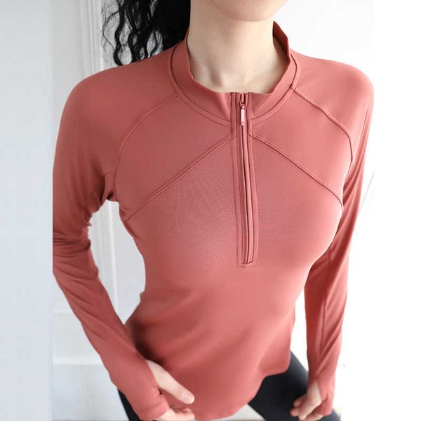 

women's t-shirt yoga t shirt autumn and winter double-line zipper long-sleeved t-shirt quick-drying fitness clothing running sports j, White