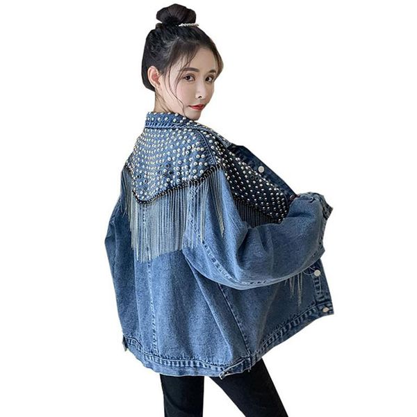 

women's jackets 2021 fashion beads tassel short denim women long sleeve vintage casual jean jacket bf student wild coat, Black;brown