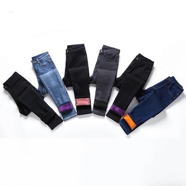 

women winter plus size 5xl warm velvet thicken skinny jeans high waist ladies plush stretch denim pencil pants trousers women's, Blue