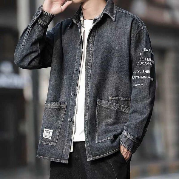 

men's jackets spring autumn 2021 letter printed men's tooling korean trendy coat man loose casual lapel plus fat xl denim jacket, Black;brown