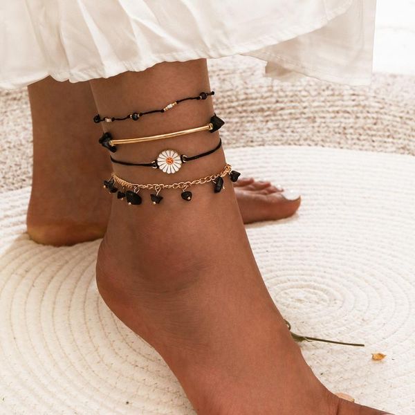 

anklets black natural stone chip tassel pendant for women alloy flower rope ankle chain female 2021 fashion foot jewelry, Red;blue