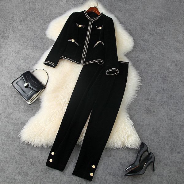 

european and american women's wear winter style long - sleeved button coat nine minutes of pants fashion velvet suit, White
