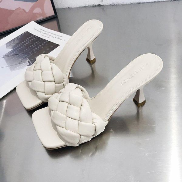 

slippers high heel women weave slipper fashion brand design heels square toe slip on sandals 2021 summer outdoor slide woman shoes, Black