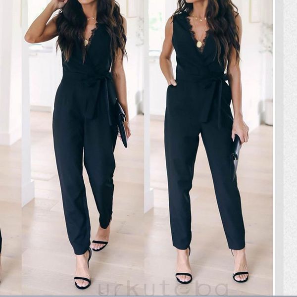 

playsuit sleevless lace spliced deep womens romper v neck solid color trousers ol clubwear summer, Black;white