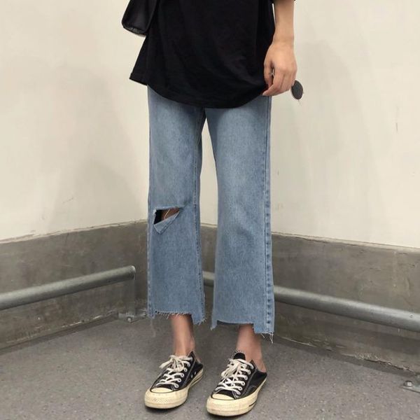 

women's jeans woman pants high waist loose straight ripped rule -cut ankle-length for women pantalones vaqueros mujer, Blue