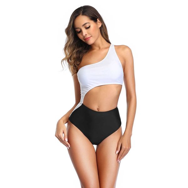 

2021 new women's one piece triangle swimsuit large leopard print one shoulder, Black;white