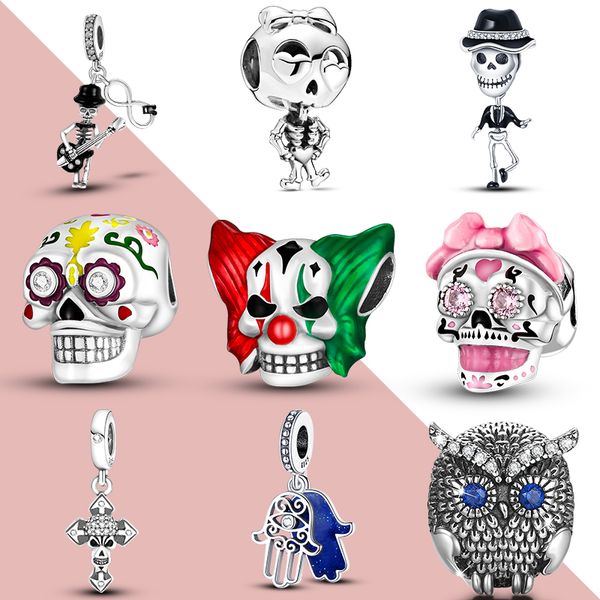 Autêntico 925 Silver Joker Skulls Charms Bead Fit Pandora Charme Pulseira DIY Halloween Abóbora Coco Fine Jóias Presente