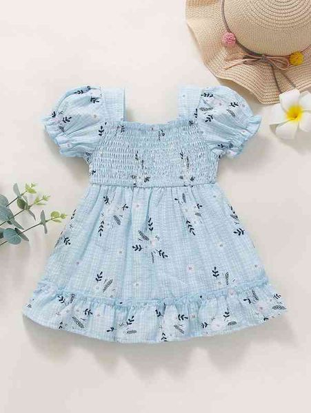 

baby floral print textured shirred puff sleeve ruffle hem dress she, Red;yellow