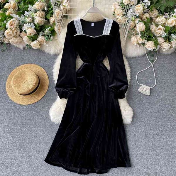 

women's autumn and winter fashion lace beaded square collar retro velvet dress long sleeve elegant vestidos p802 210527, Black;gray