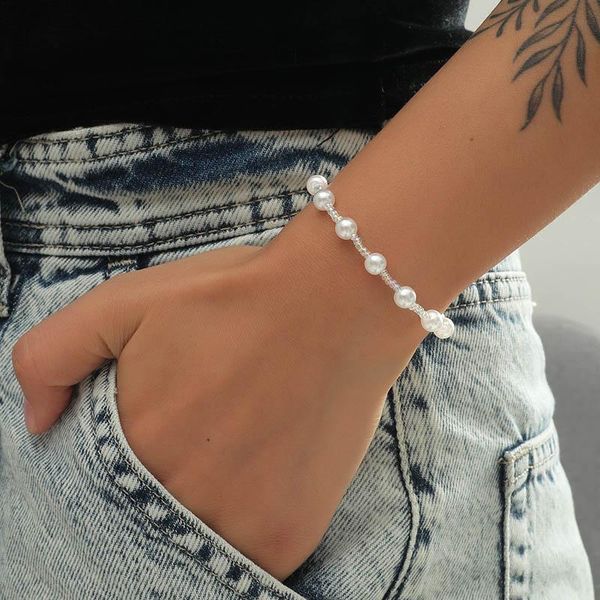 

beaded, strands simple fashion ladies white simulated pearl glass beads handmade beaded strand bracelets for women girls gifts party jewelry, Black