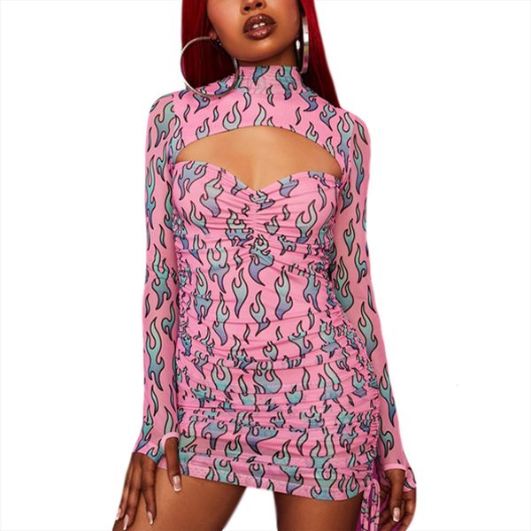 

mock neck long sleeve flame womens dress printed cut out mini women gothic streetwear club dresses spring, Black;gray