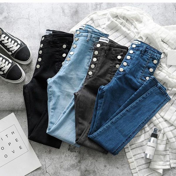 

more than the double-breasted high waist jeans spring and summer female pencil pants stretch tight buttock feet women's, Blue