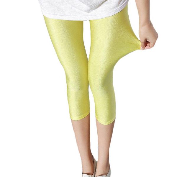 

women shiny pant fluorescent spandex elasticity trousers shinny solid color mid-calf summer capris neon fitness bottom women's leggings, Black
