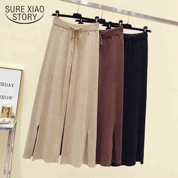 

autumn winter drawstring drape straight wide leg casual high waist pants split loose knitted women trousers 11658 210415, Black;white