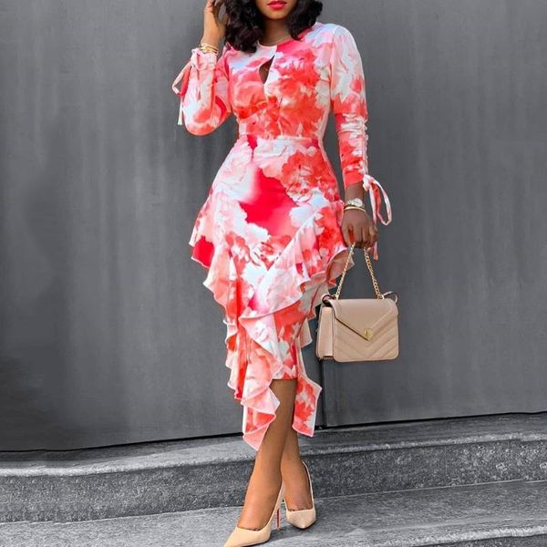 

casual dresses 2021 spring tailored ruffled party ladies midi dress xxl size office round neck bohemian floral print slim, Black;gray
