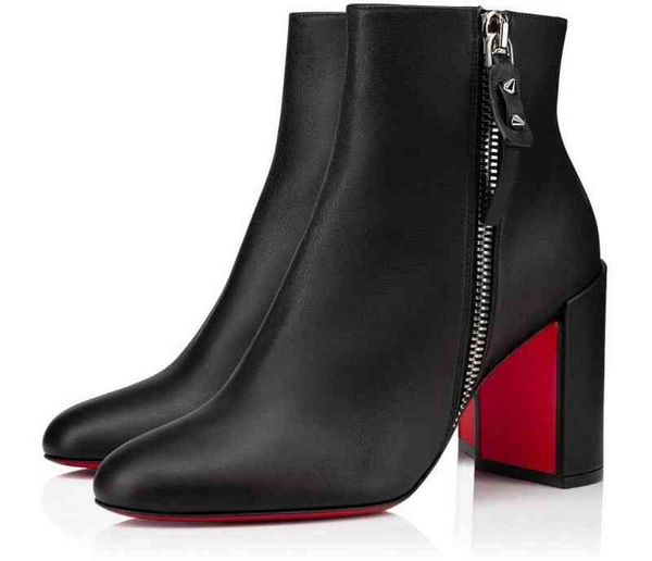 

brands winter fashion ziptotal ankle boots women's red bottom booties lady knight boot luxury designer chunky heels combat booty eu35-4, Black