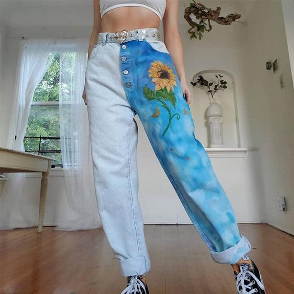 

denim pants women high waist washed jeans bleached summer patchwork casual trousers 2021 baggy work vintage mom women's, Blue