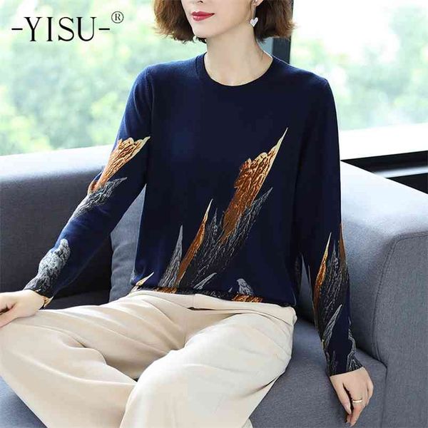 

yisu autumn winter casual knitted sweater women pullover sweaters loose jumper o neck long sleeve printed sweater women 210805, White;black
