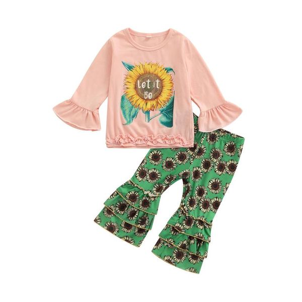 

clothing sets wallarenear 1-6years toddler baby girl 2 pcs sunflower print outfits flare sleeve round neck ruffle pullover flared pants, White