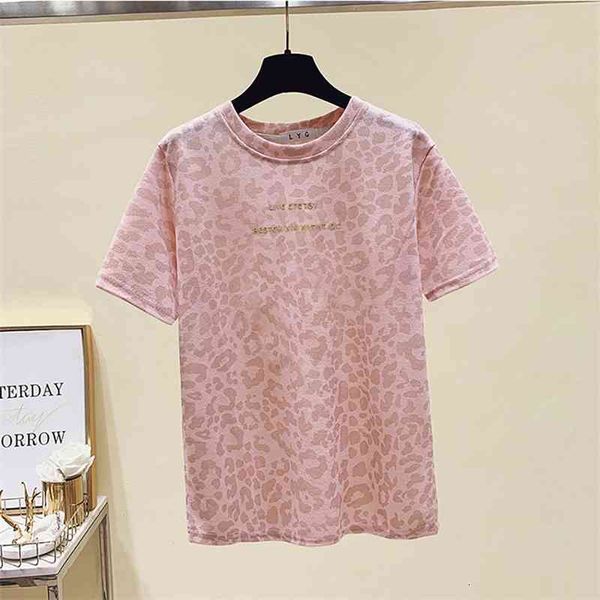 

women's t-shirt fashion leopard embroidery letter ice silk t shirt woman loose baggy short sleeve o-neck summer clothes for w, White