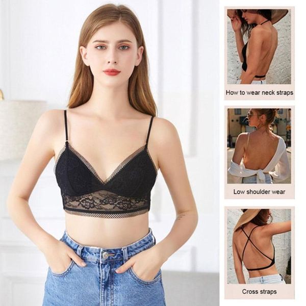 

bras lace deep v low back bralette thin cup brassiere bra halter soft underwear seamless female elastic tank backl o4r5, Red;black
